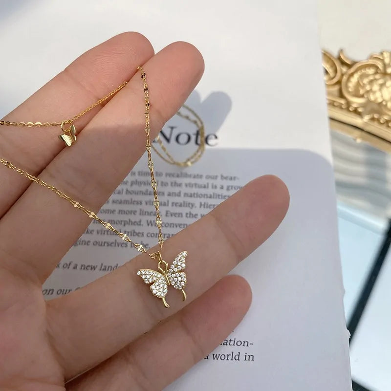 Sterling Silver Butterfly Necklace: Double Layer Dainty Jewelry