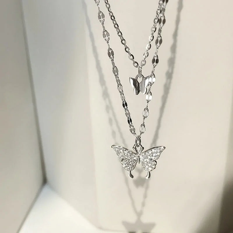 Sterling Silver Butterfly Necklace: Double Layer Dainty Jewelry