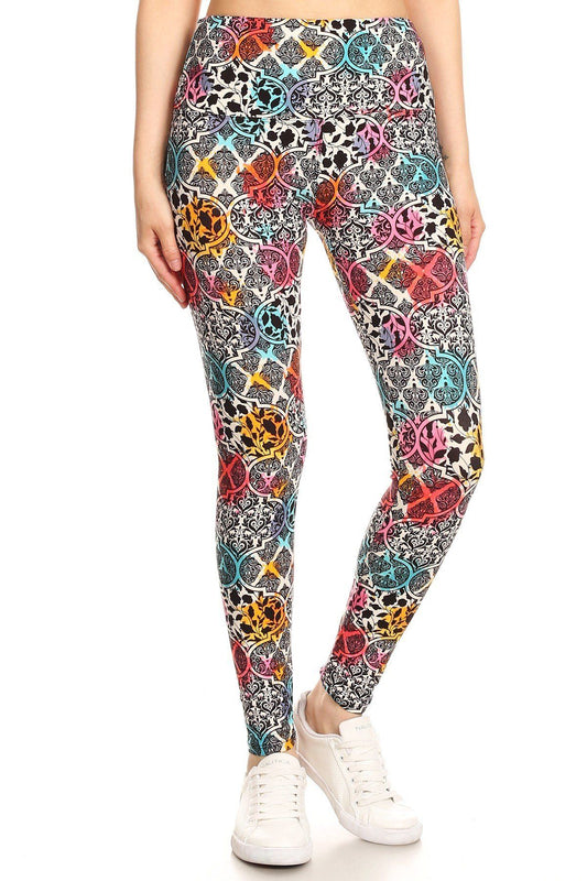 Damask Pattern Printed Knit Legging With High Waist