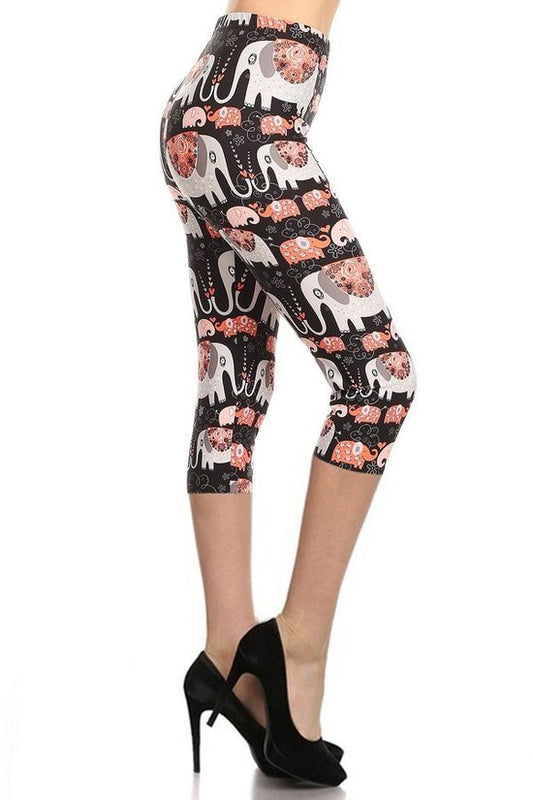 Elephants Printed High Waisted Capri Leggings