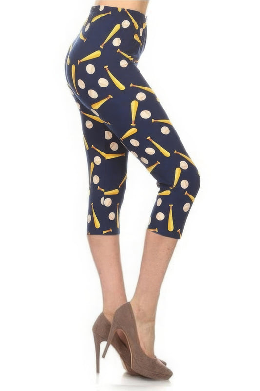 Baseball Printed High Waisted Capri Leggings