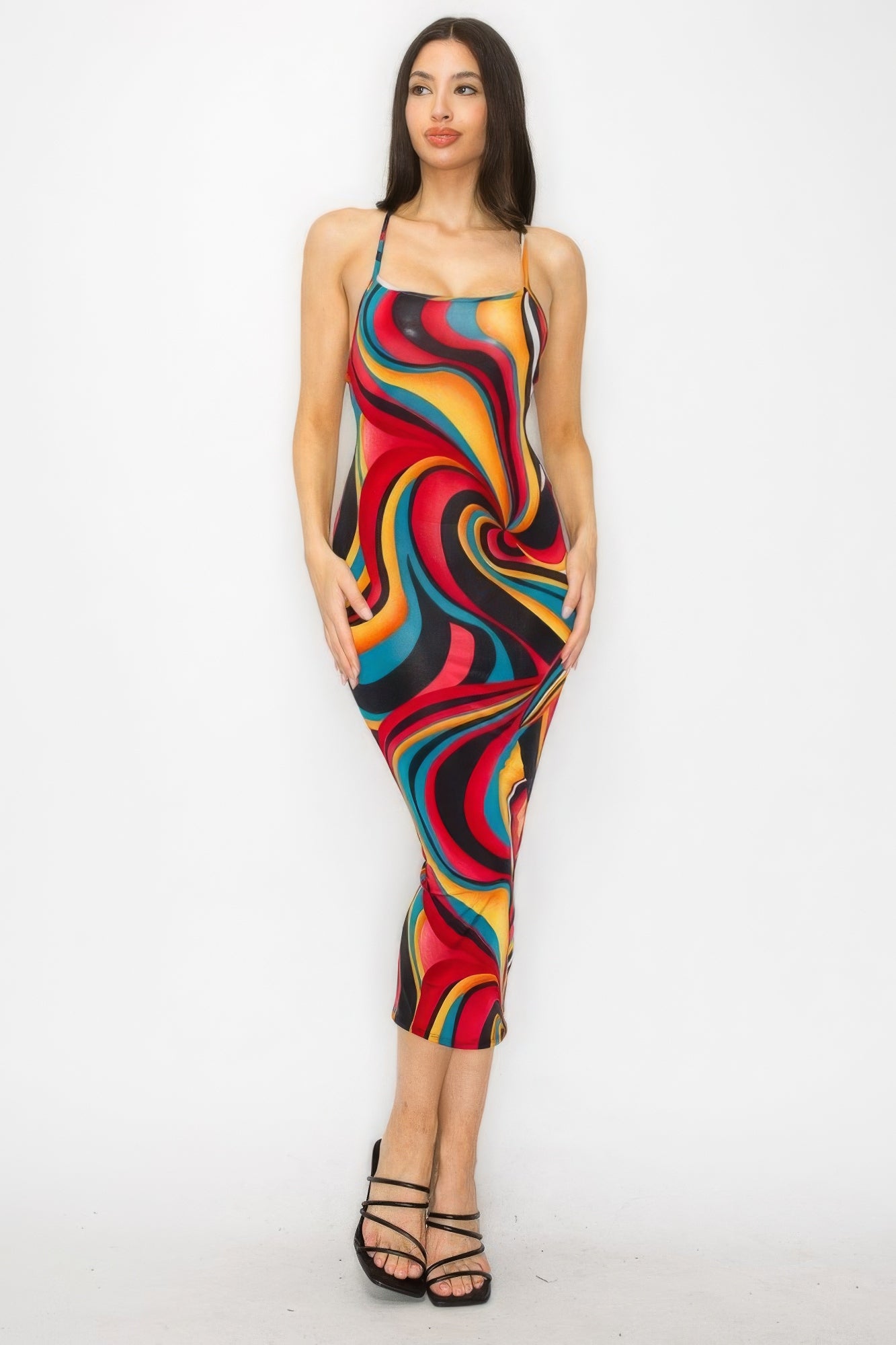 Crossed Back Marble Multicolor Midi Dress