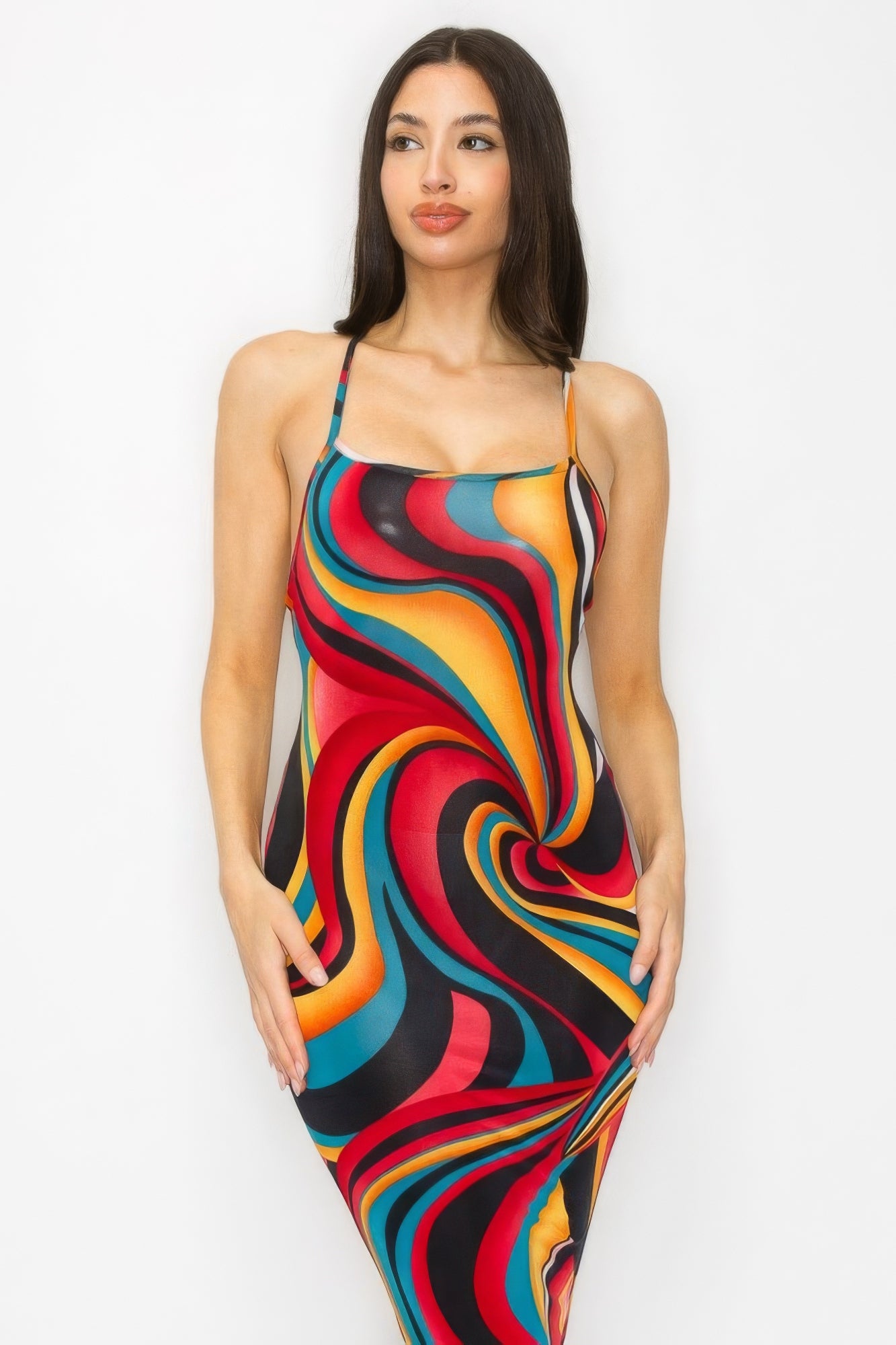 Crossed Back Marble Multicolor Midi Dress