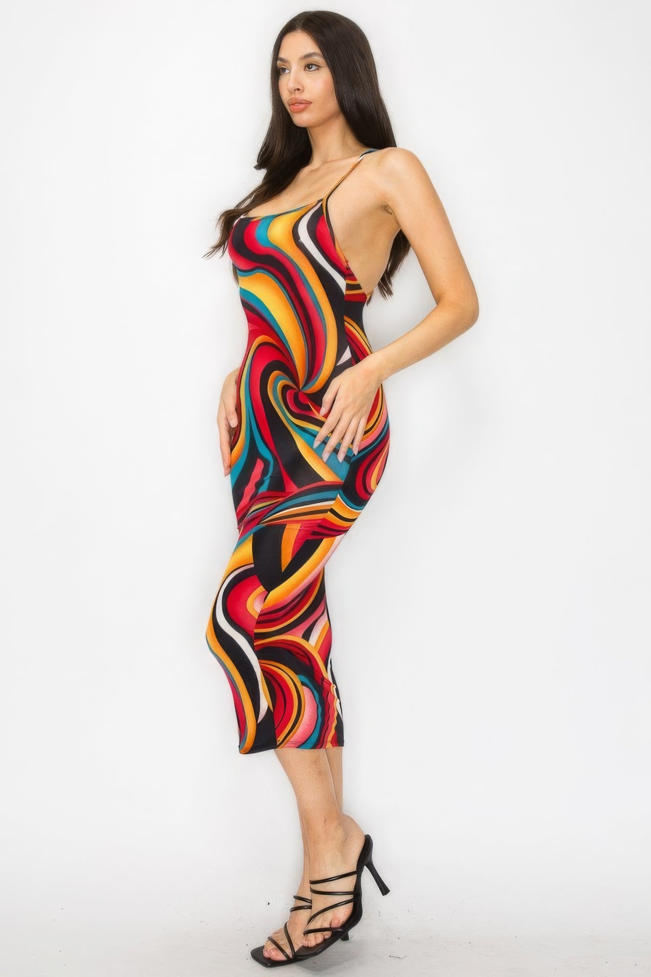 Crossed Back Marble Multicolor Midi Dress