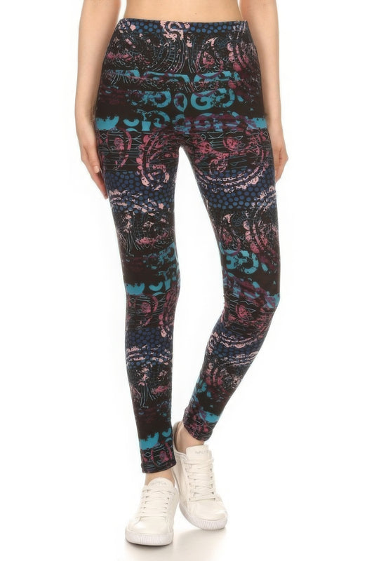 Mixed Pattern Print Leggings With High Waist