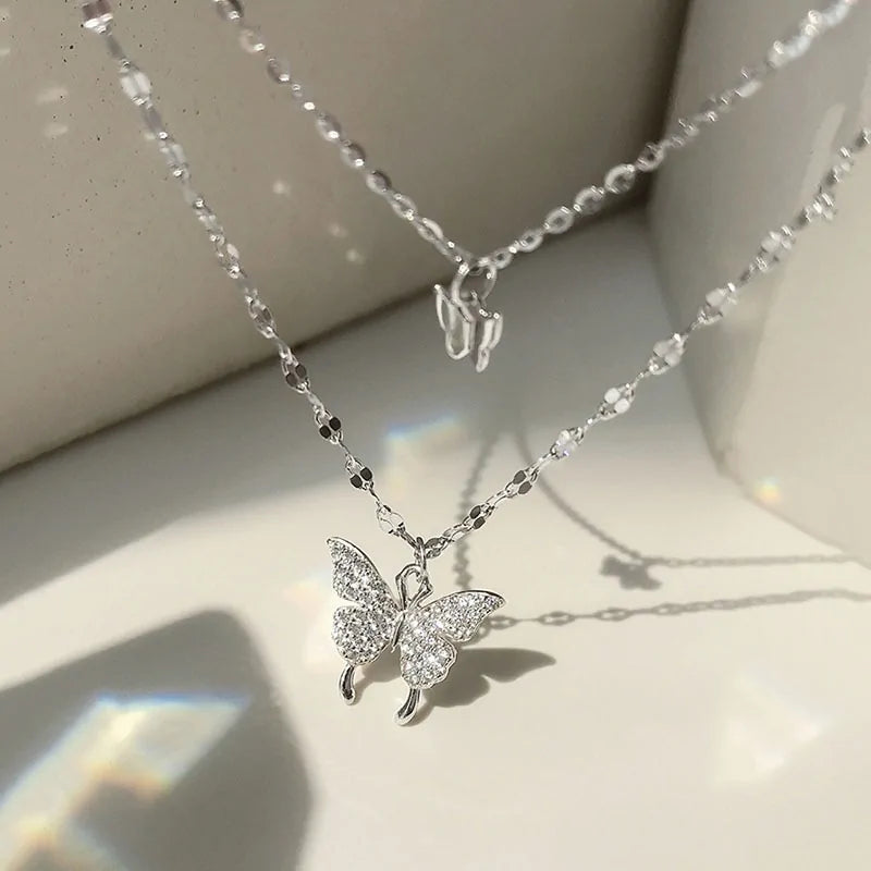 Sterling Silver Butterfly Necklace: Double Layer Dainty Jewelry