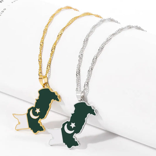 Pakistan Map and Flag Pendant Necklaces