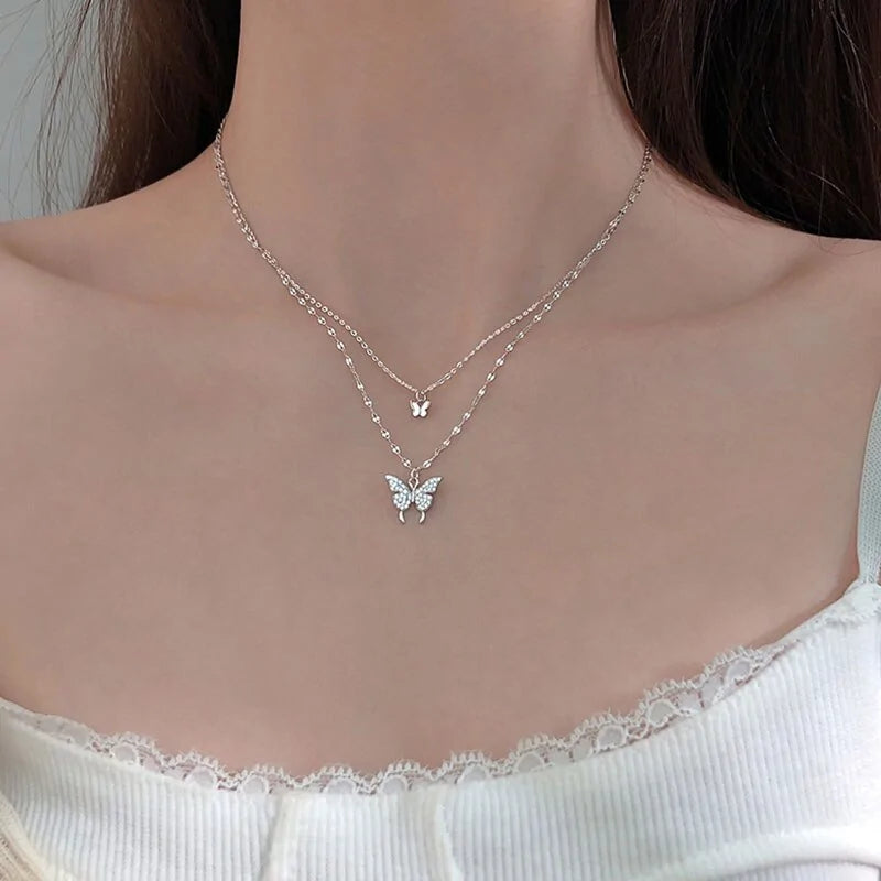 Sterling Silver Butterfly Necklace: Double Layer Dainty Jewelry