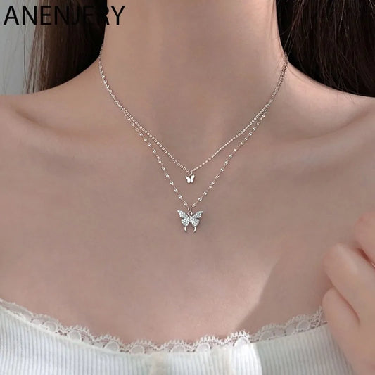 Sterling Silver Butterfly Necklace: Double Layer Dainty Jewelry